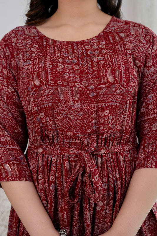 Navy Maroon Abstract Printed Maternity Dress For Women | LASVINI - Redefining Indian Fashion with Elegance
