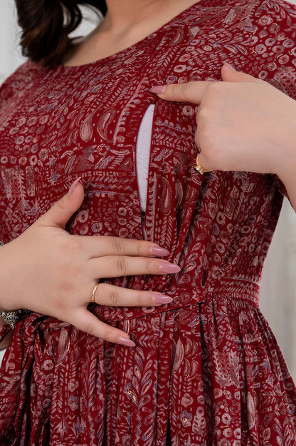Navy Maroon Abstract Printed Maternity Dress For Women | LASVINI - Redefining Indian Fashion with Elegance