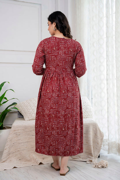 Navy Maroon Abstract Printed Maternity Dress For Women | LASVINI - Redefining Indian Fashion with Elegance
