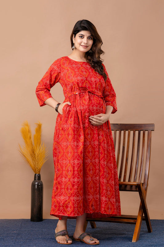 Red Printed Maternity Dress For Women | LASVINI - Redefining Indian Fashion with Elegance