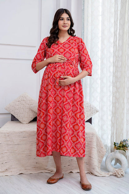 Red Printed Maternity Dress For Women | LASVINI - Redefining Indian Fashion with Elegance