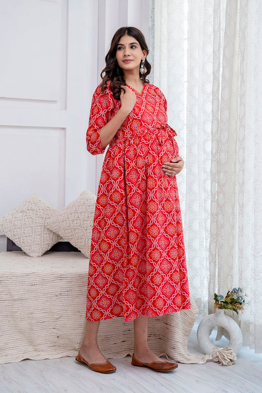 Red Printed Maternity Dress For Women | LASVINI - Redefining Indian Fashion with Elegance