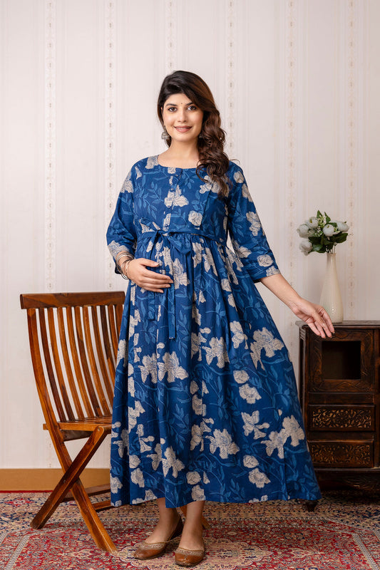 Blue Printed Maternity Dress For Women | LASVINI - Redefining Indian Fashion with Elegance