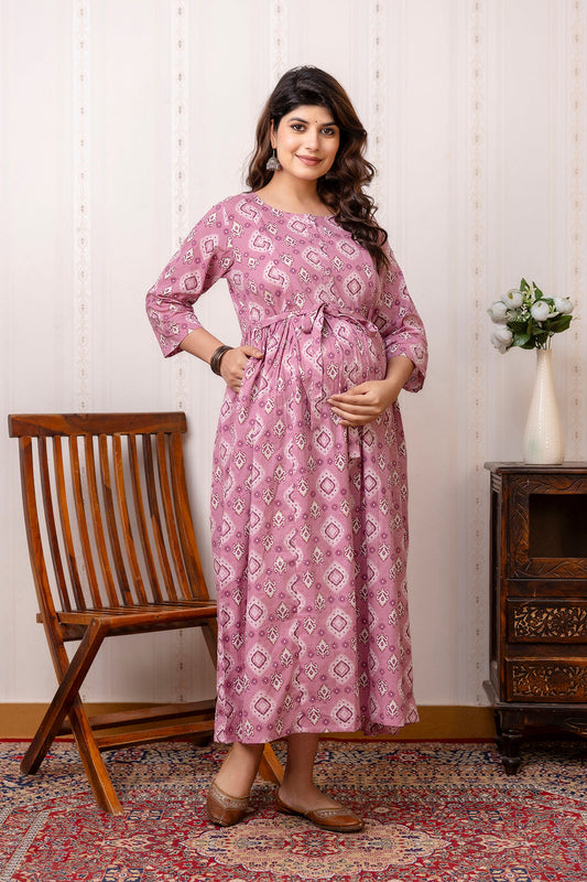 Mauve Printed Maternity Dress For Women | LASVINI - Redefining Indian Fashion with Elegance