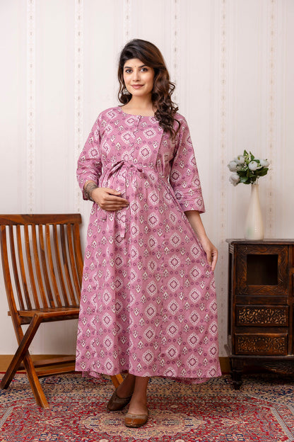 Mauve Printed Maternity Dress For Women | LASVINI - Redefining Indian Fashion with Elegance