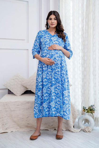 Blue Printed Maternity Dress For Women | LASVINI - Redefining Indian Fashion with Elegance