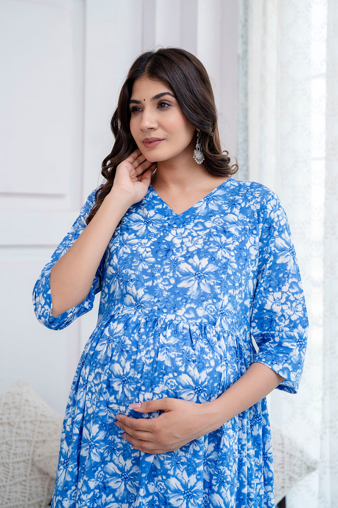 Blue Printed Maternity Dress For Women | LASVINI - Redefining Indian Fashion with Elegance