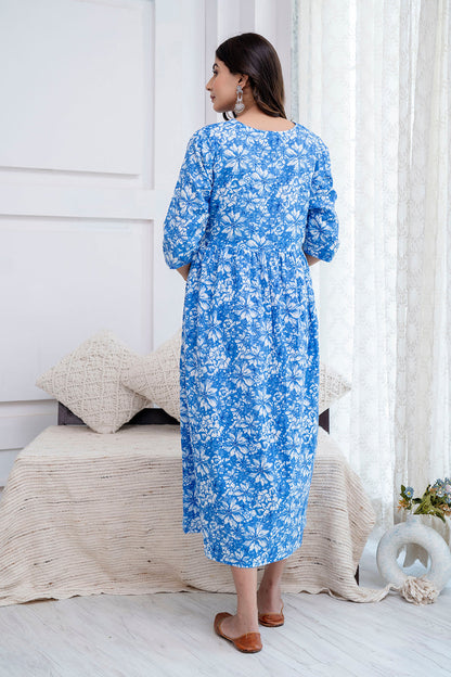 Blue Printed Maternity Dress For Women | LASVINI - Redefining Indian Fashion with Elegance