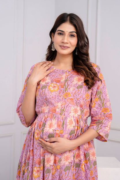 Purple Printed Maternity Dress For Women | LASVINI - Redefining Indian Fashion with Elegance