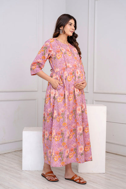 Purple Printed Maternity Dress For Women | LASVINI - Redefining Indian Fashion with Elegance
