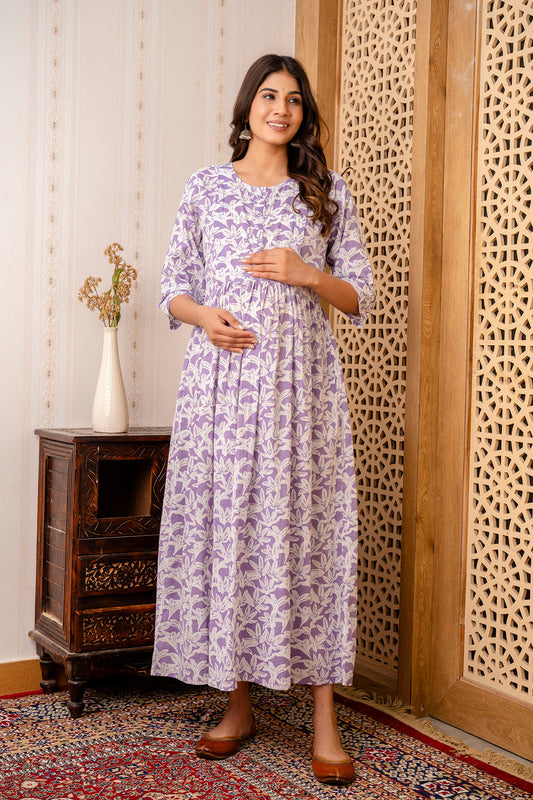 Purple Printed Maternity Dress For Women | LASVINI - Redefining Indian Fashion with Elegance