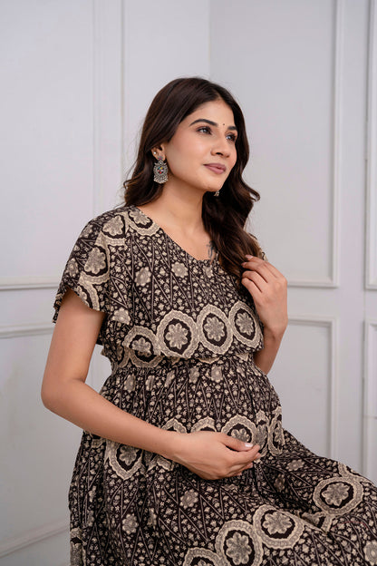 Brown Printed Maternity Dress For Women | LASVINI - Redefining Indian Fashion with Elegance