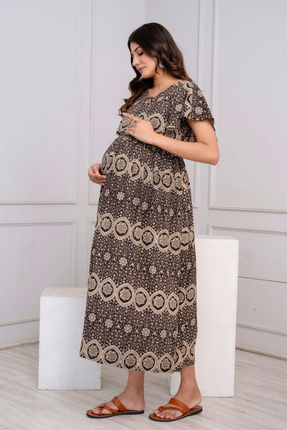 Brown Printed Maternity Dress For Women | LASVINI - Redefining Indian Fashion with Elegance