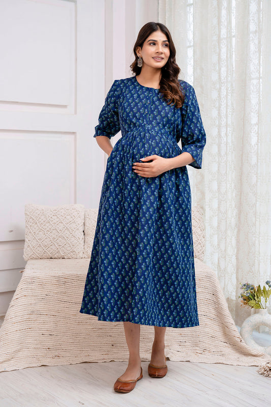 Blue Printed Maternity Dress For Women | LASVINI - Redefining Indian Fashion with Elegance