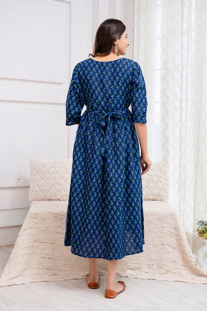 Blue Printed Maternity Dress For Women | LASVINI - Redefining Indian Fashion with Elegance