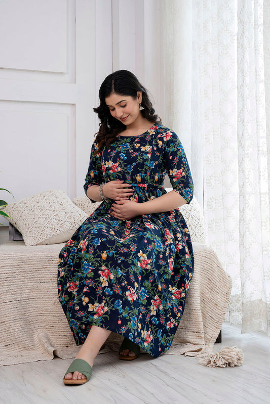 Navy Blue Printed Maternity Dress For Women | LASVINI - Redefining Indian Fashion with Elegance