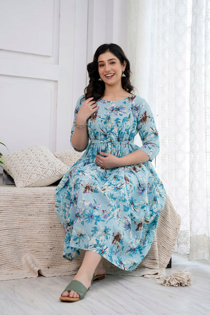 Blue Printed Maternity Dress For Women | LASVINI - Redefining Indian Fashion with Elegance