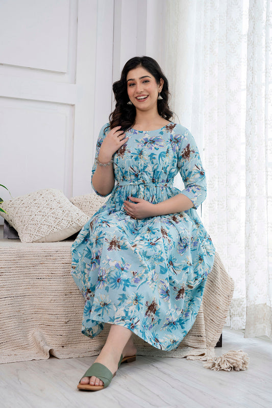 Blue Printed Maternity Dress For Women | LASVINI - Redefining Indian Fashion with Elegance