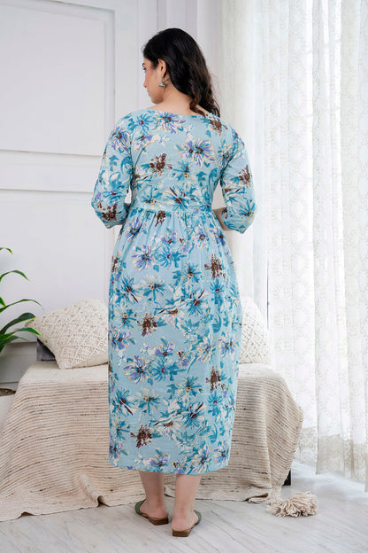 Blue Printed Maternity Dress For Women | LASVINI - Redefining Indian Fashion with Elegance