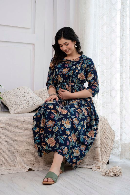 Navy Blue Printed Maternity Dress For Women | LASVINI - Redefining Indian Fashion with Elegance