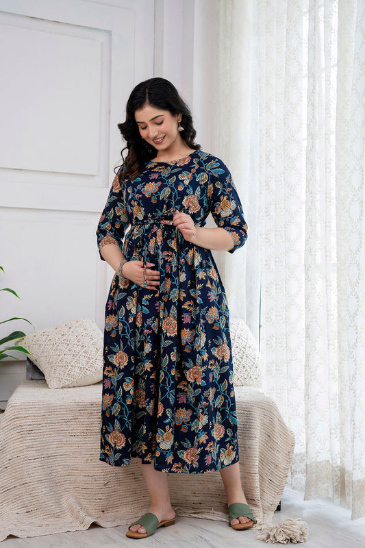 Navy Blue Printed Maternity Dress For Women | LASVINI - Redefining Indian Fashion with Elegance