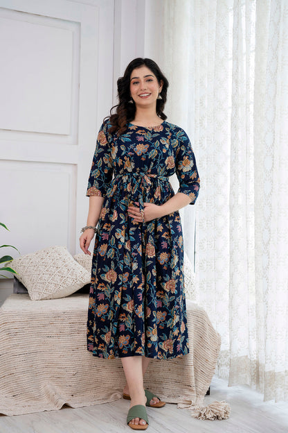 Navy Blue Printed Maternity Dress For Women | LASVINI - Redefining Indian Fashion with Elegance