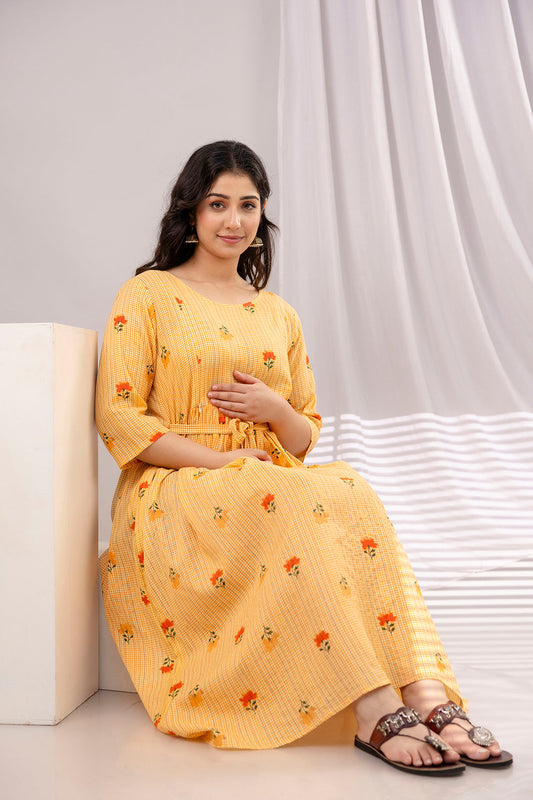 Yellow Printed Maternity Dress For Women | LASVINI - Redefining Indian Fashion with Elegance