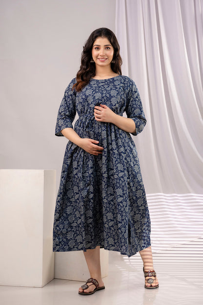 Navy Blue Printed Maternity Dress For Women | LASVINI - Redefining Indian Fashion with Elegance