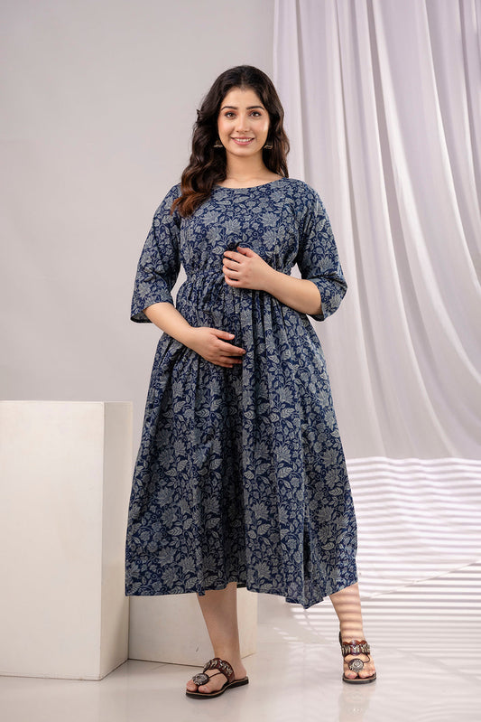 Navy Blue Printed Maternity Dress For Women | LASVINI - Redefining Indian Fashion with Elegance