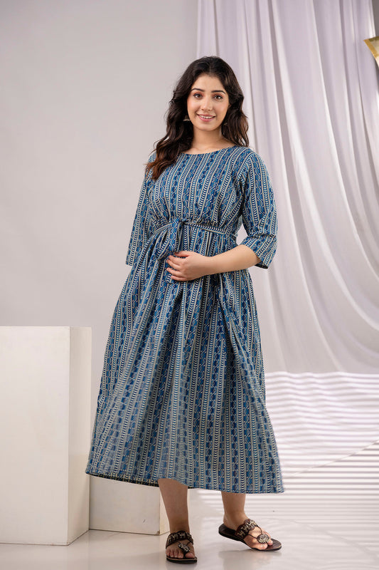 Navy Blue Printed Maternity Dress For Women | LASVINI - Redefining Indian Fashion with Elegance