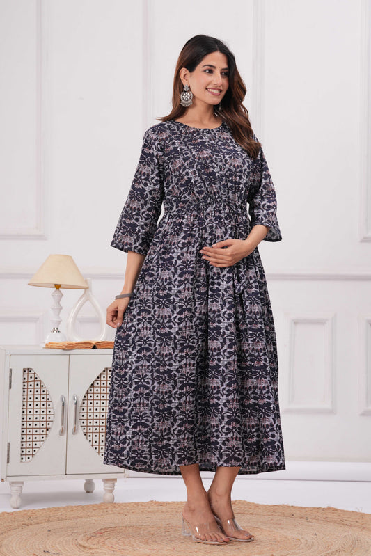 Blue Printed Maternity Dress For Women | LASVINI - Redefining Indian Fashion with Elegance
