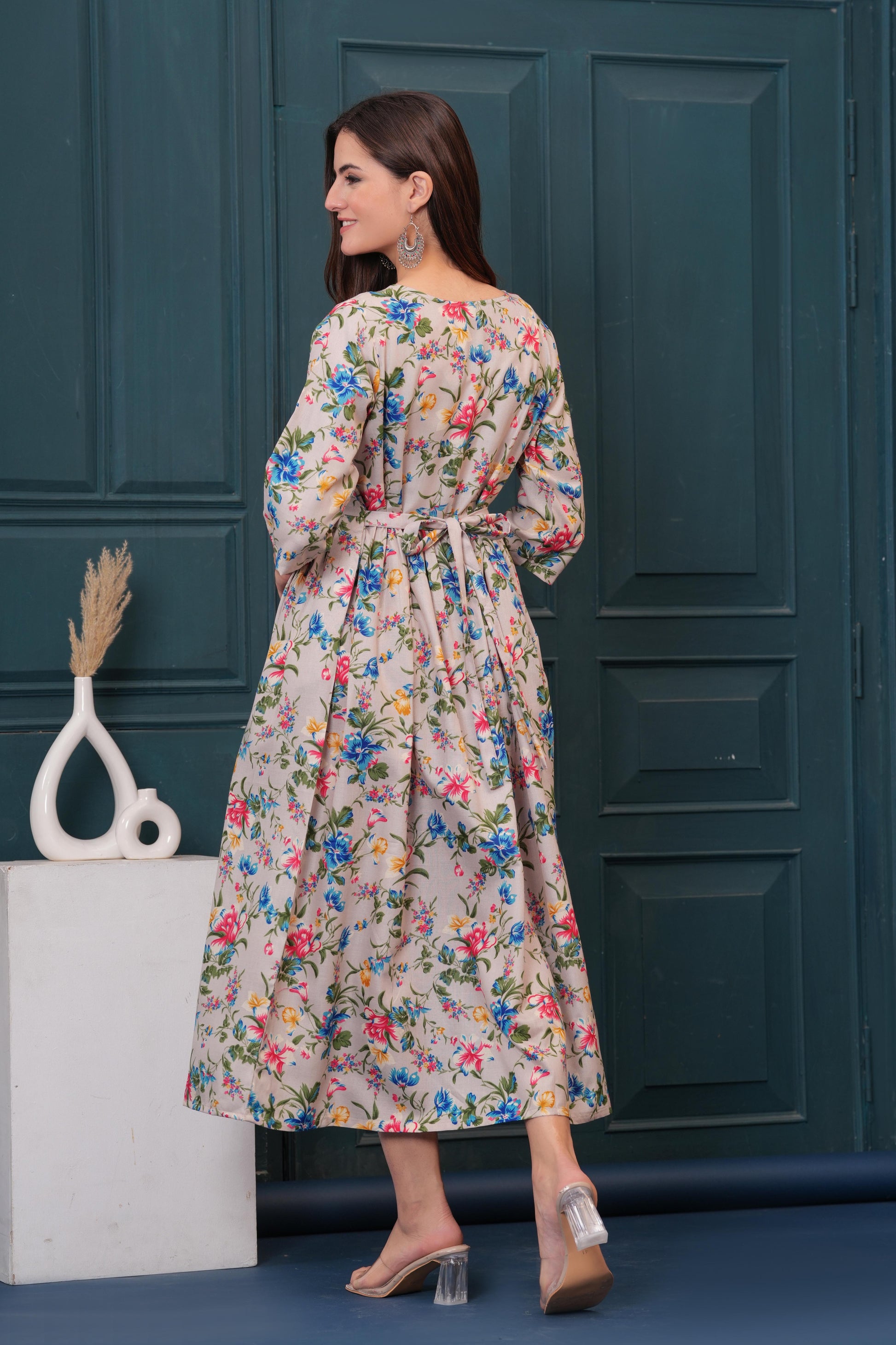Women Beige Printed Flared Maternity Dress | LASVINI - Redefining Indian Fashion with Elegance