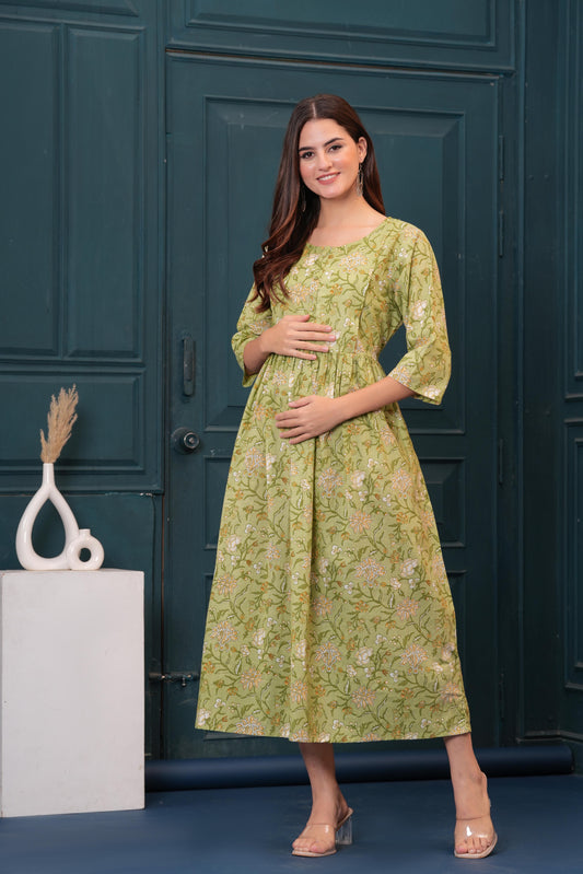 Women Green Printed Flared Maternity Dress | LASVINI - Redefining Indian Fashion with Elegance
