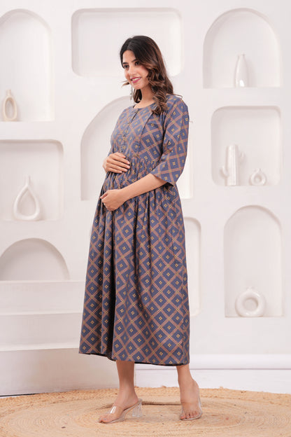 Women Grey Printed Flared Maternity Dress | LASVINI - Redefining Indian Fashion with Elegance