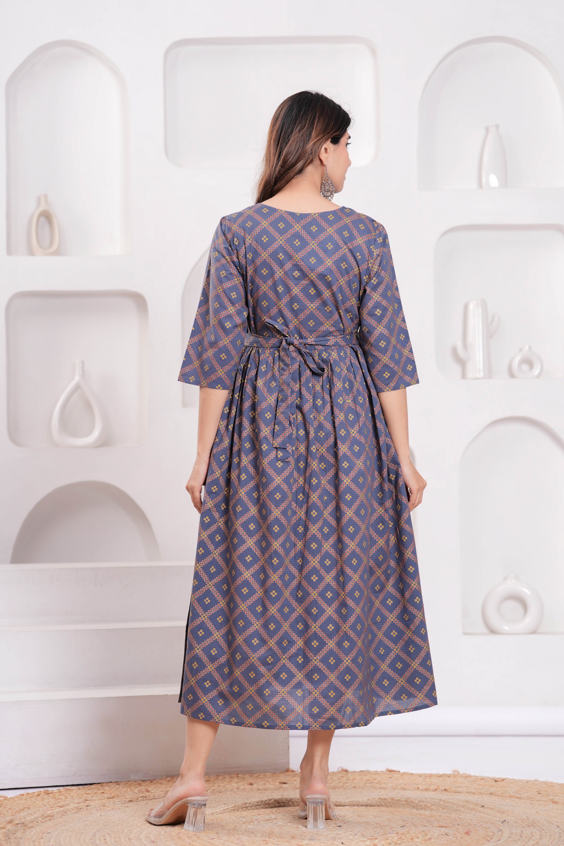 Women Grey Printed Flared Maternity Dress | LASVINI - Redefining Indian Fashion with Elegance