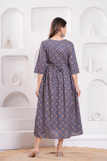 Women Grey Printed Flared Maternity Dress | LASVINI - Redefining Indian Fashion with Elegance
