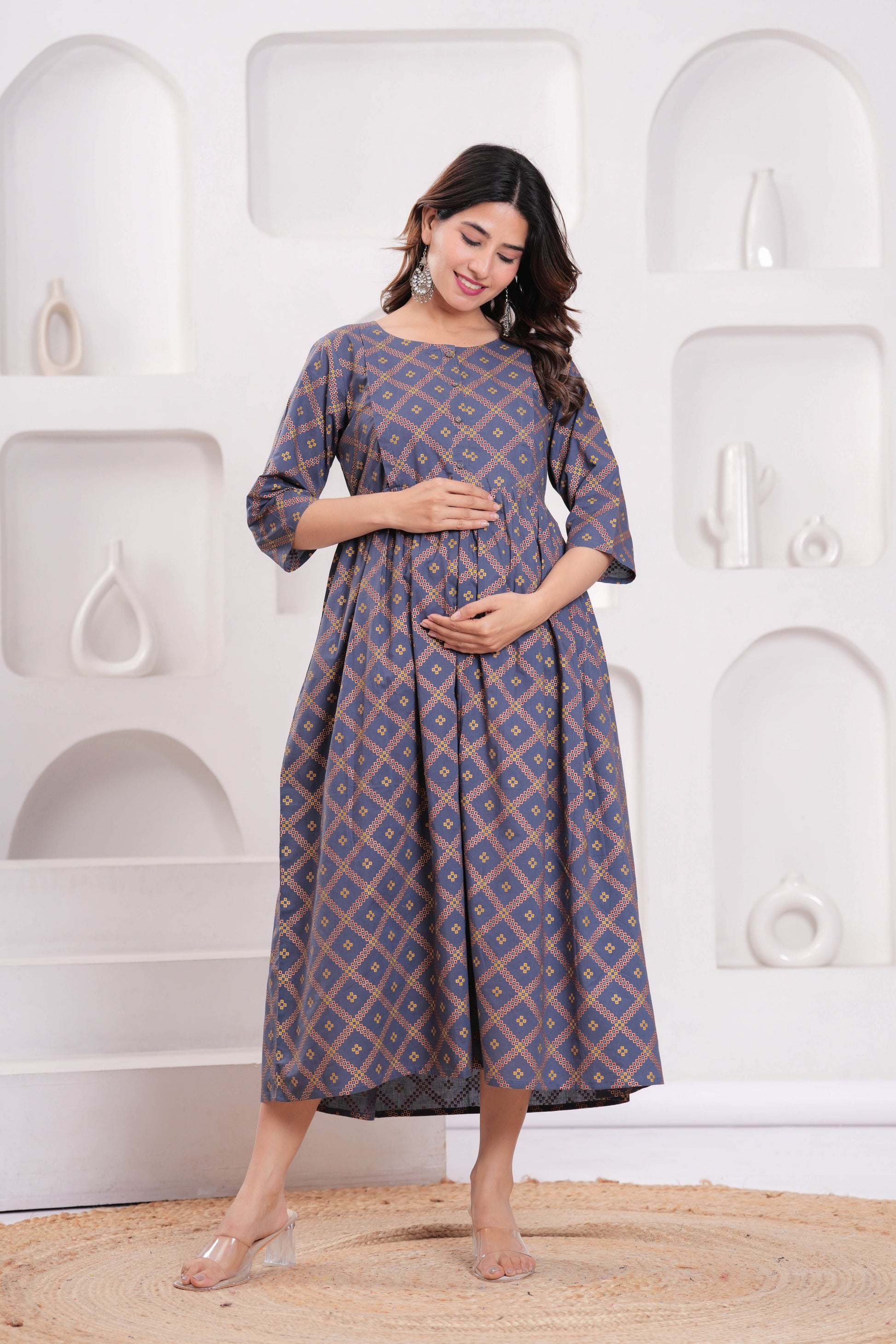Women Grey Printed Flared Maternity Dress | LASVINI - Redefining Indian Fashion with Elegance