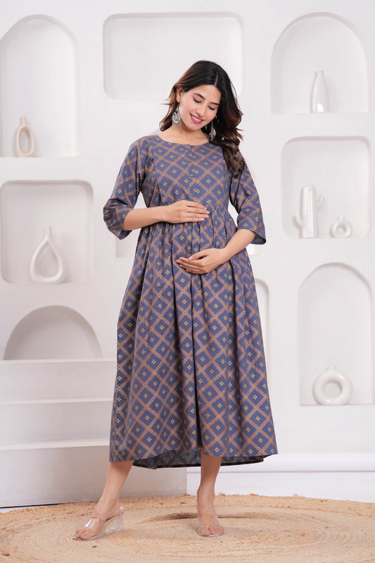 Women Grey Printed Flared Maternity Dress | LASVINI - Redefining Indian Fashion with Elegance