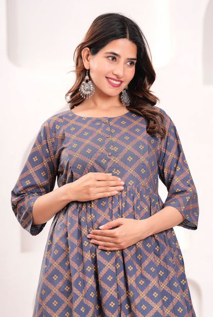 Women Grey Printed Flared Maternity Dress | LASVINI - Redefining Indian Fashion with Elegance