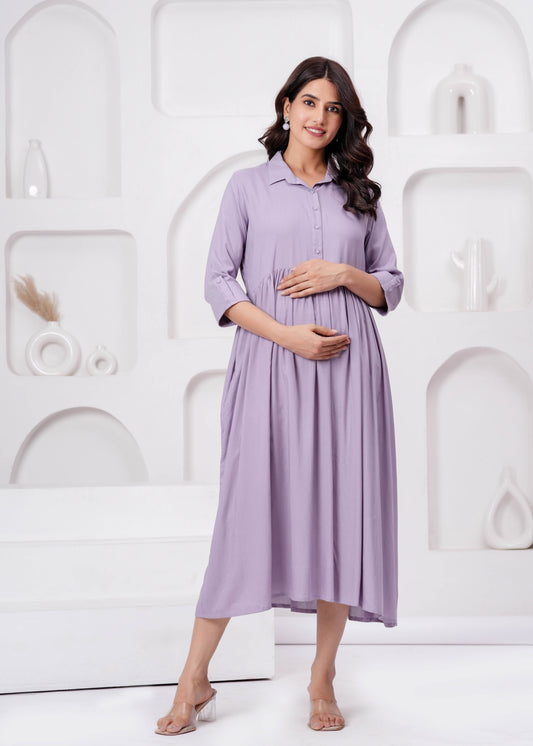 Lavender Solid Flared Maternity Dress For Women | LASVINI - Redefining Indian Fashion with Elegance