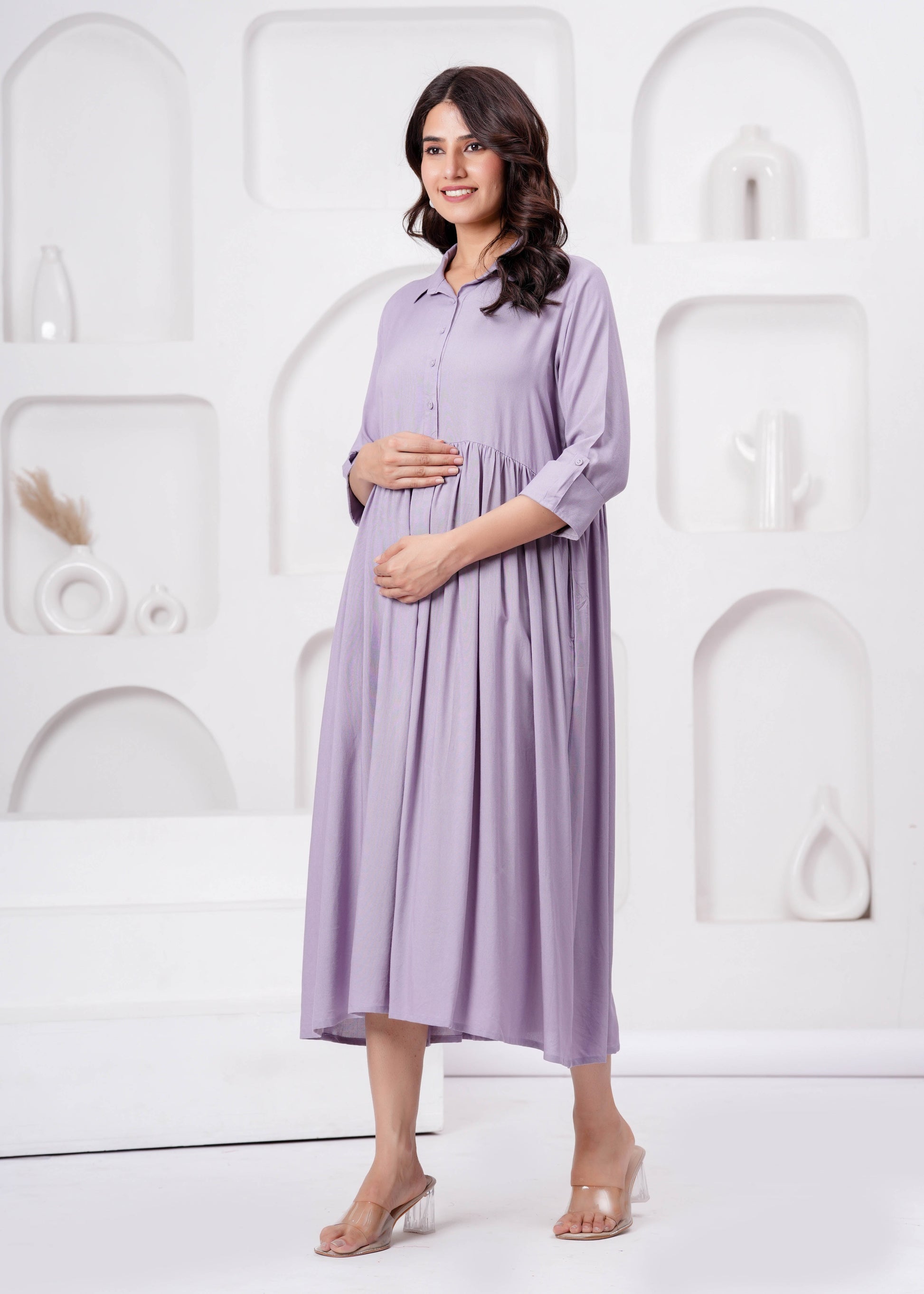 Lavender Solid Flared Maternity Dress For Women | LASVINI - Redefining Indian Fashion with Elegance