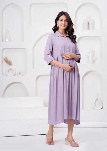 Lavender Solid Flared Maternity Dress For Women | LASVINI - Redefining Indian Fashion with Elegance