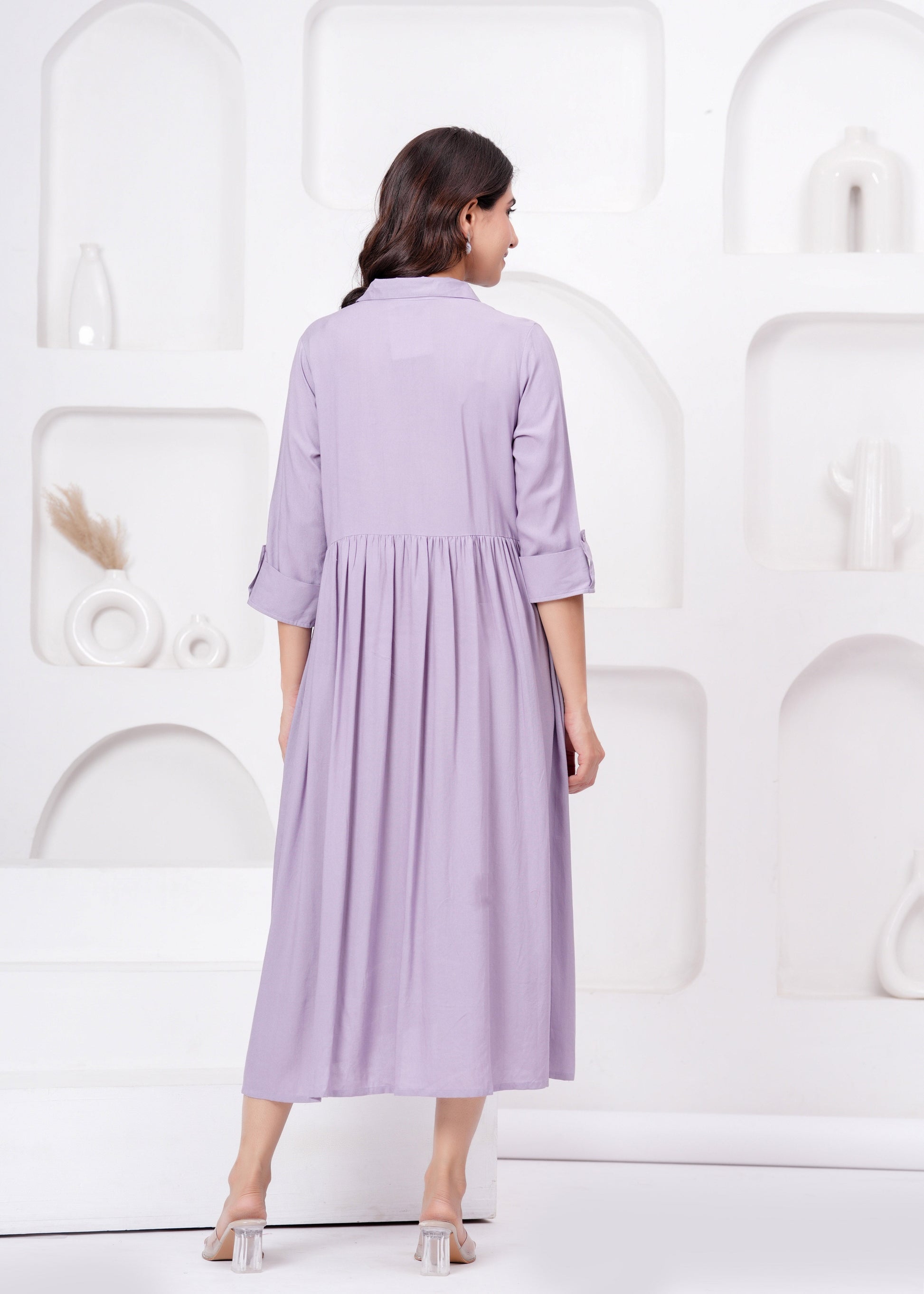 Lavender Solid Flared Maternity Dress For Women | LASVINI - Redefining Indian Fashion with Elegance