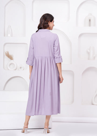 Lavender Solid Flared Maternity Dress For Women | LASVINI - Redefining Indian Fashion with Elegance