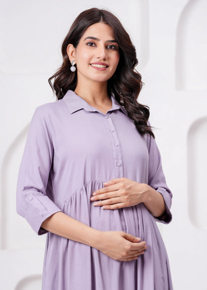 Lavender Solid Flared Maternity Dress For Women | LASVINI - Redefining Indian Fashion with Elegance