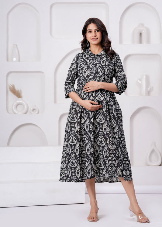 Black Printed Flared Maternity Dress For Women | LASVINI - Redefining Indian Fashion with Elegance