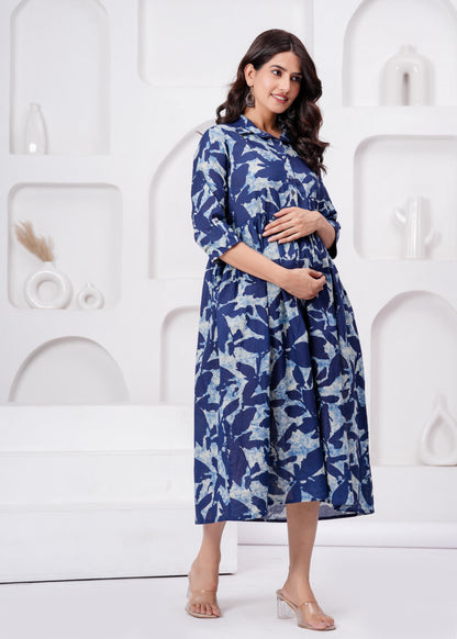 Blue Printed Flared Maternity Dress For Women | LASVINI - Redefining Indian Fashion with Elegance