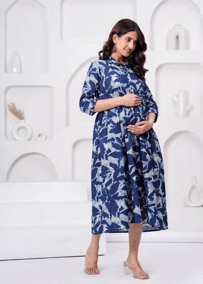 Blue Printed Flared Maternity Dress For Women | LASVINI - Redefining Indian Fashion with Elegance