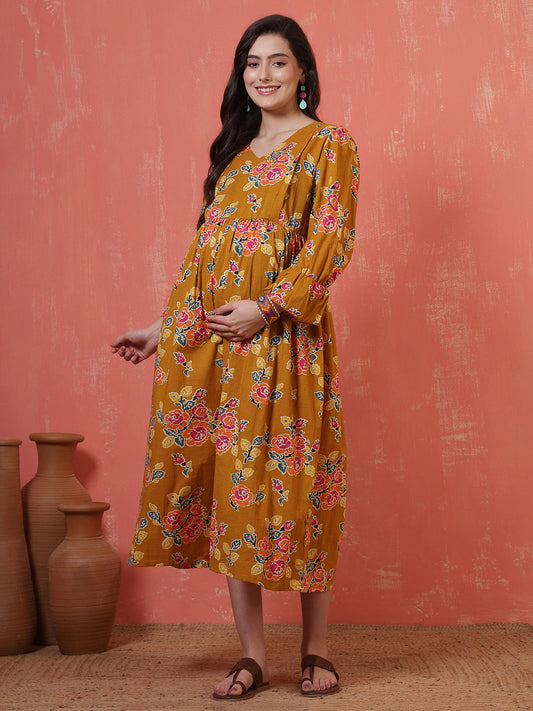 Women Floral Printed Flared Maternity Dress | LASVINI - Redefining Indian Fashion with Elegance