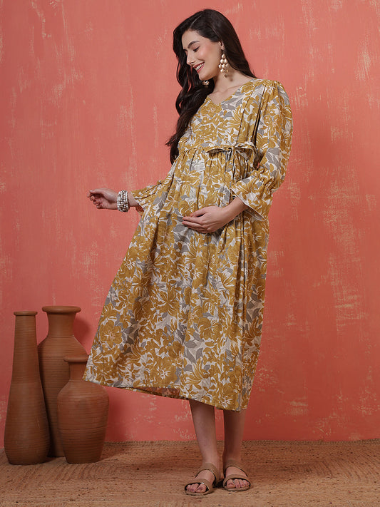 Mustard Printed Flared Maternity Dress for Women | LASVINI - Redefining Indian Fashion with Elegance